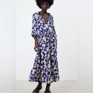 Zara blue floral maxi dress tiered long sleeve oversized XS